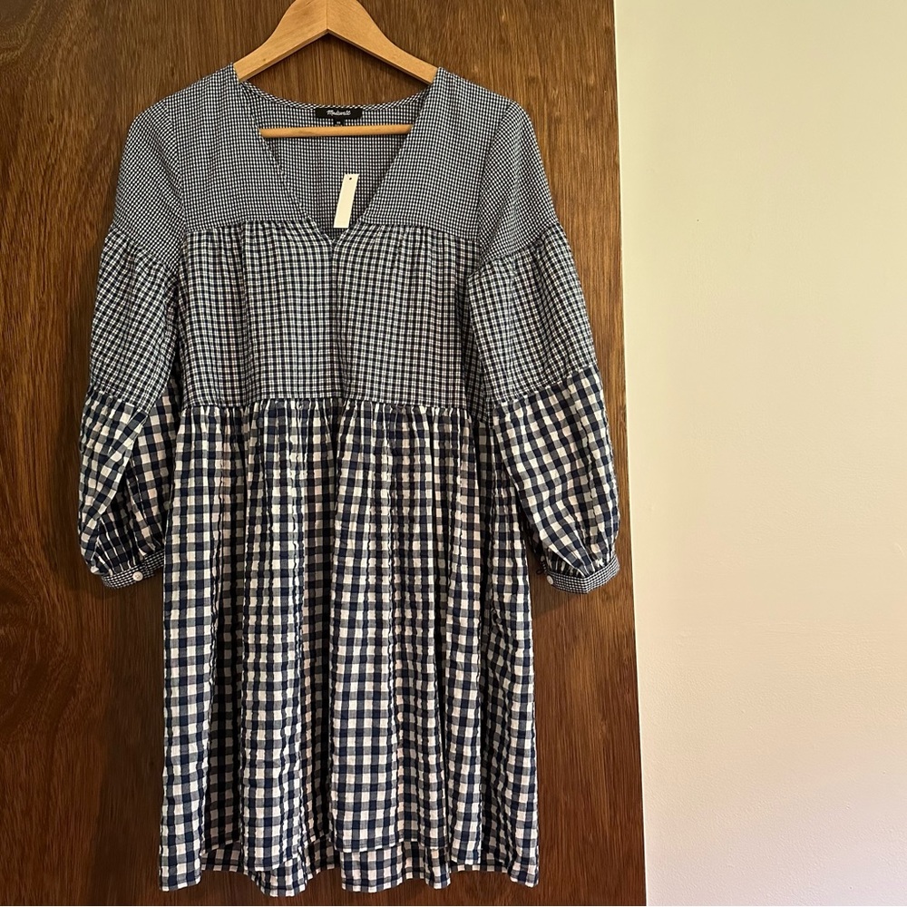 Madewell Seersucker V-Neck Mini Dress in Gingham Check